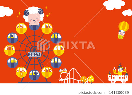 【2027年 - 羊年】以十二生肖動物搭乘摩天輪為主題的新年賀卡 【2027年 - 羊年】以十二生肖動物搭乘摩天輪為主題的新年賀卡 141880089