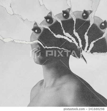 Woman's face tearing apart showing multiple eyes Woman's face tearing apart showing multiple eyes 141880298