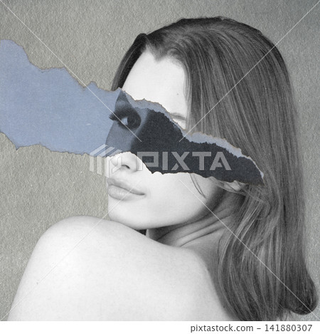 Woman portrait with torn paper covering eyes 141880307