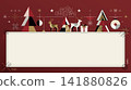 Abstract geometric Merry Christmas elements with blank rectangular frame on red background modern retro style horizontal template 141880826