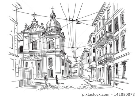 Cityscape with a view of the Cathedral. Cityscape with a view of the Cathedral. 141880878