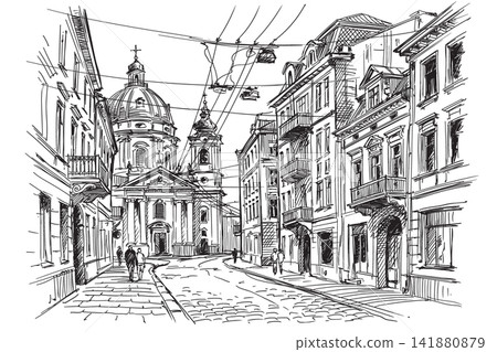 Cityscape with a view of the Cathedral. Cityscape with a view of the Cathedral. 141880879