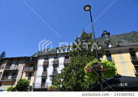 Streetscape at the foot of the Pyrenees Mountains Streetscape at the foot of the Pyrenees Mountains 141880982