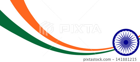 Indian Tricolor Wavy Flag Banner with Ashoka Chakra and copy space. Patriotic Celebration Design isolated on transparent background. Vector Indian Tricolor Wavy Flag Banner with Ashoka Chakra and copy space. Patriotic Celebration Design isolated on transparent background. Vector 141881215