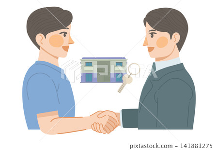 一幅插圖描繪了公寓房地產交易完成的場景,圖中男性客戶和銷售代表正在握手。 一幅插圖描繪了公寓房地產交易完成的場景,圖中男性客戶和銷售代表正在握手。 141881275