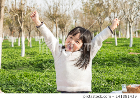 Energetic little girl raising arms and cheering with joy during picnic on green meadow. 141881439