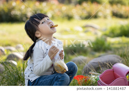Cute little girl crouching on the grass and eating a bread snack during a picnic. Cute little girl crouching on the grass and eating a bread snack during a picnic. 141881487