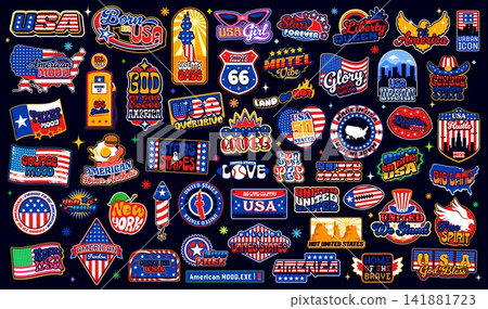 Retro y2k United States of America stickers, vintage USA american patch labels. Vector statue of liberty, stars and stripes flag, eagle, Western and national patriotic emblems, y2k USA travel stickers Retro y2k United States of America stickers, vintage USA american patch labels. Vector statue of liberty, stars and stripes flag, eagle, Western and national patriotic emblems, y2k USA travel stickers 141881723