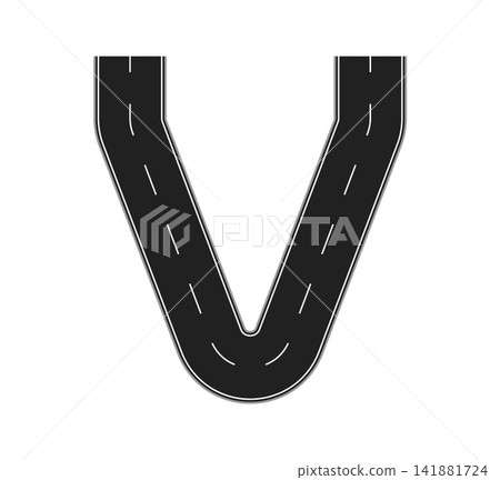 Asphalt road letter V formed from a curved highway with lane markings and shoulder lines. Road font letter, asphalt path way typeface, abc English highway route alphabet typographic transport symbol Asphalt road letter V formed from a curved highway with lane markings and shoulder lines. Road font letter, asphalt path way typeface, abc English highway route alphabet typographic transport symbol 141881724