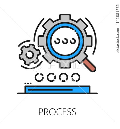 Production process quality inspection icon or sign. Production standards inspection sign, factory quality control color line vector icon. Regulatory pictogram with cogwheels and magnifying glass Production process quality inspection icon or sign. Production standards inspection sign, factory quality control color line vector icon. Regulatory pictogram with cogwheels and magnifying glass 141881783