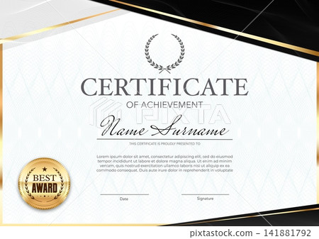 Award diploma or certificate of achievement document template with luxury black and golden frame, ornament and golden seal. Certificate with gold border design for corporate or professional graduate Award diploma or certificate of achievement document template with luxury black and golden frame, ornament and golden seal. Certificate with gold border design for corporate or professional graduate 141881792