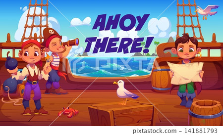 Cartoon cute kids pirates on wooden ship deck with treasure map at Caribbean sea. Kids pirates crew characters on sailboat, funny boy captain and sailor with spyglass and girl skipper with cannonball Cartoon cute kids pirates on wooden ship deck with treasure map at Caribbean sea. Kids pirates crew characters on sailboat, funny boy captain and sailor with spyglass and girl skipper with cannonball 141881793