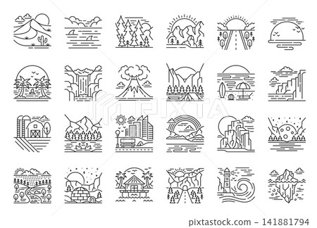 Landscape line icons depicting mountains, beaches, deserts, forests, oceans, cities and polar scenes. Vector monochrome set of symbols for travel, nature or outdoor activities in a clean, linear style Landscape line icons depicting mountains, beaches, deserts, forests, oceans, cities and polar scenes. Vector monochrome set of symbols for travel, nature or outdoor activities in a clean, linear style 141881794