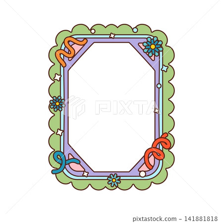 Cartoon retro groovy hippie frame with scalloped green border, pastel purple inner frame, decorative flowers, stars and ribbon wave elements. Pop art vintage playful nostalgic Y2K and psychedelic vibe 141881818