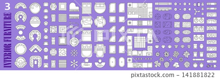 Furniture and garden interior top view floor plan icons. Set of linear isolated architecture design elements for house living room, bedroom, kitchen, bathroom. Floor plan layout view from above Furniture and garden interior top view floor plan icons. Set of linear isolated architecture design elements for house living room, bedroom, kitchen, bathroom. Floor plan layout view from above 141881822