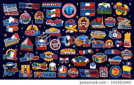 Retro y2k France stickers, vintage french patch labels of cartoon croissant and baguette, vector y2k romantic love heart, french flag and map icons, wine, cheese and funky lettering stickers set Retro y2k France stickers, vintage french patch labels of cartoon croissant and baguette, vector y2k romantic love heart, french flag and map icons, wine, cheese and funky lettering stickers set 141881840