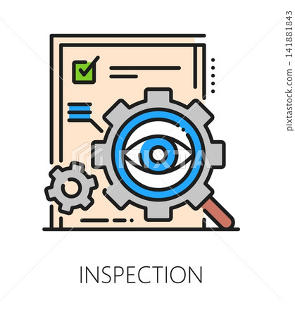 Production quality standards inspection icon or symbol. Production inspection sign, quality approval color line vector symbol. Regulation control icon with human eye, cogwheel and magnifying glass Production quality standards inspection icon or symbol. Production inspection sign, quality approval color line vector symbol. Regulation control icon with human eye, cogwheel and magnifying glass 141881843
