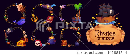 Pirate frames for kids photo booth with sail ship, weapon and treasures. Cartoon corsair black flag, anchor and wheel, treasure chest, map, compass and cute whale pirate in captain hat round frames Pirate frames for kids photo booth with sail ship, weapon and treasures. Cartoon corsair black flag, anchor and wheel, treasure chest, map, compass and cute whale pirate in captain hat round frames 141881844