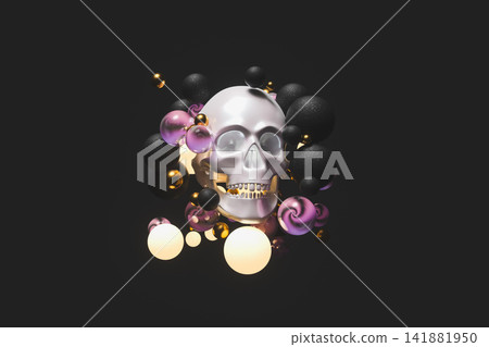 3d metallic silver skull with glowing abstract geometric spheres. 3d metallic silver skull with glowing abstract geometric spheres. 141881950