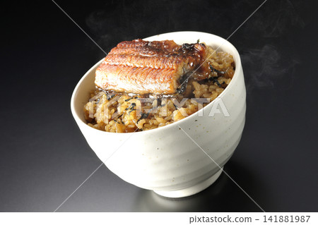 A piping hot mini eel rice bowl photographed alone against a black background. A piping hot mini eel rice bowl photographed alone against a black background. 141881987