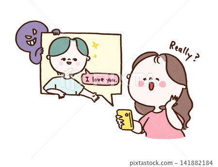 A woman is deceived and becomes excited by a man pretending to be a handsome man online (romance scam). 141882184