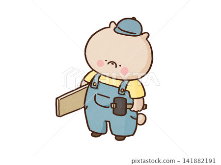一隻穿著背帶褲、拿著木材和鐵鎚的熊,正在做木工(DIY/建築) 一隻穿著背帶褲、拿著木材和鐵鎚的熊,正在做木工(DIY/建築) 141882191