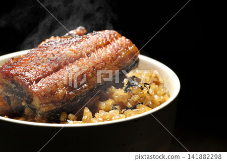 A single photo of a piping hot mini eel rice bowl. A single photo of a piping hot mini eel rice bowl. 141882298