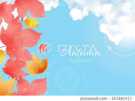 Autumn frame background featuring watercolor maple leaves against a blue sky and clouds. Autumn frame background featuring watercolor maple leaves against a blue sky and clouds. 141882411