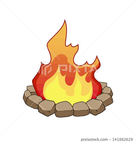Campfire flames burning in stone ring Campfire flames burning in stone ring 141882629