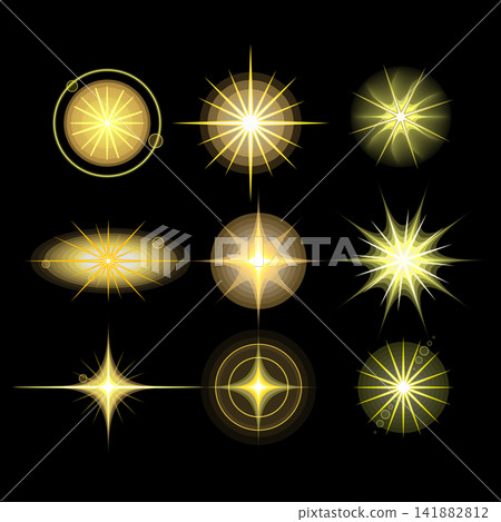 Golden light effects creating sparkling stars and lens flare Golden light effects creating sparkling stars and lens flare 141882812