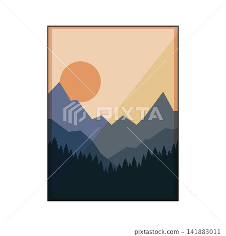 Minimalist landscape artwork creating a serene mountain scene 141883011