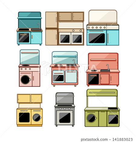 Collection of colorful cartoon play kitchen toys 141883023