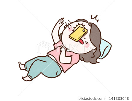 A woman who drops her smartphone on her face while lying on her back and using it (a common occurrence) 141883048