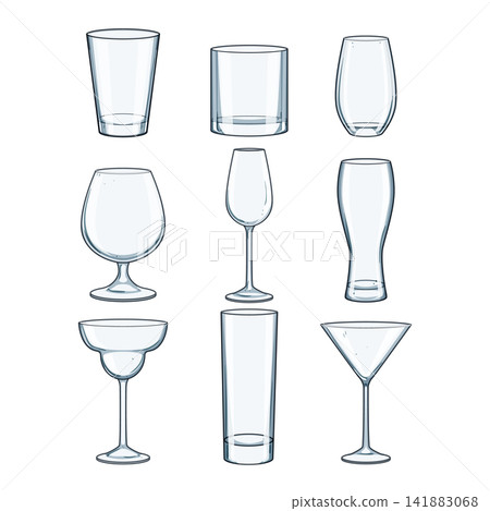 Glassware collection featuring various empty drink glasses Glassware collection featuring various empty drink glasses 141883068