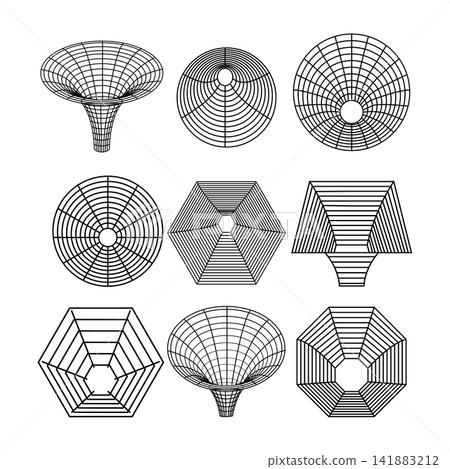 Abstract wireframe shapes creating optical tunnel illusions Abstract wireframe shapes creating optical tunnel illusions 141883212