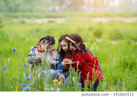 Smiling mother and daughter using a digital tablet while sitting on the grass during an outdoor picnic. 141883412
