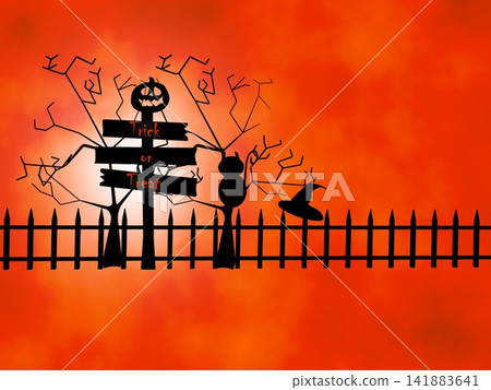 Trick or treat rickey old wooden signpost with Halloween carved pumpkins orange smoke background 141883641