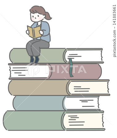 一位女士坐在書上閱讀。 141883661