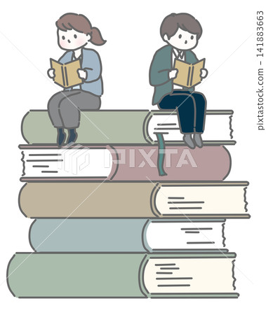 一男一女坐在書上看書。 141883663