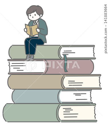 一個男人坐在書上看書。 141883664