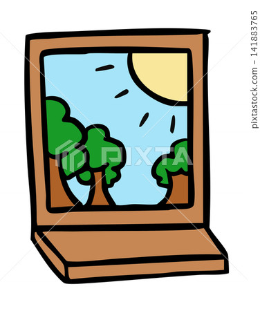 Cute hand drawn illustrations of room's window view with sun, tree and blue sky for home, house, room design, interior, nature, garden, summer vibes, work from home, decoration, good weather, mood Cute hand drawn illustrations of room's window view with sun, tree and blue sky for home, house, room design, interior, nature, garden, summer vibes, work from home, decoration, good weather, mood 141883765