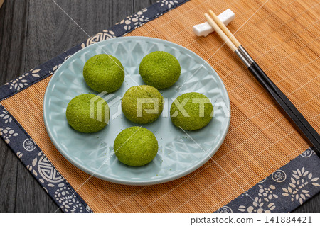 green tea matcha flavored chewy glutinous rice mochi balls green tea matcha flavored chewy glutinous rice mochi balls 141884421