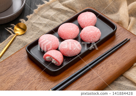 sweet strawberry flavored pink glutinous rice mochi balls sweet strawberry flavored pink glutinous rice mochi balls 141884428