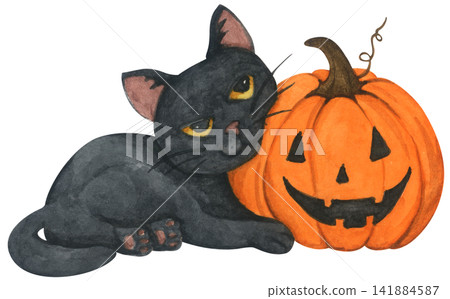 Halloween black cat illustration set, cute kitten with pumpkin jack o lantern, spooky autumn holiday decor. hand drawn cartoon character for happy Halloween party. Halloween black cat illustration set, cute kitten with pumpkin jack o lantern, spooky autumn holiday decor. hand drawn cartoon character for happy Halloween party. 141884587