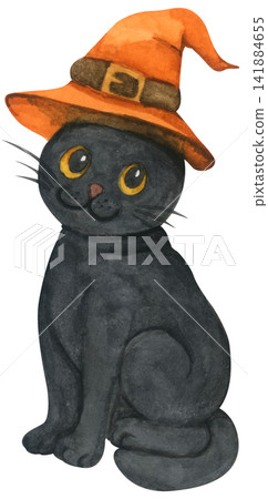 Black cat Halloween watercolor illustration set, cute sitting kitten with yellow eyes, spooky autumn night character, whimsical witch pet. Black cat Halloween watercolor illustration set, cute sitting kitten with yellow eyes, spooky autumn night character, whimsical witch pet. 141884655