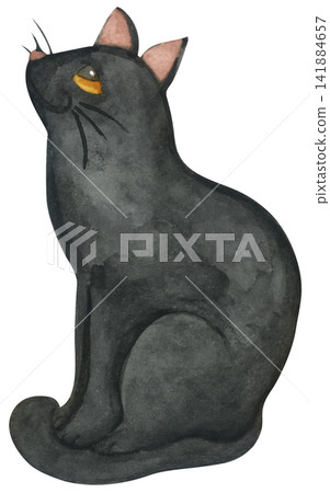 Black cat Halloween watercolor illustration set, cute sitting kitten with yellow eyes, spooky autumn night character, whimsical witch pet. 141884657