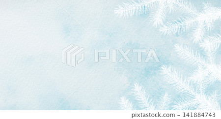 A blue watercolor background with white fir branches 141884743