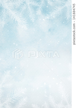 A blue watercolor background with white fir branches A blue watercolor background with white fir branches 141884745