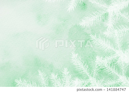 A green watercolor background with white fir branches A green watercolor background with white fir branches 141884747