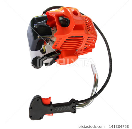 Isolated view of an orange two stroke gasoline engine motor and throttle control handle for a garden string trimmer Isolated view of an orange two stroke gasoline engine motor and throttle control handle for a garden string trimmer 141884768